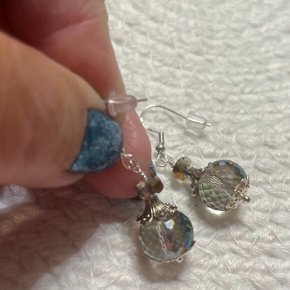 Gorgeous AURORA BOREALIS CRYSTALS with BEAD CAPS Handmade Sterling Earrings 548D - Picture 3 of 3